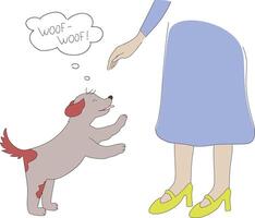 carino cucciolo vicino donna gambe nel cartone animato stile. cane adozione modello nel cartone animato stile vettore