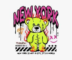 nuovo York slogan tipografia spray dipinto gocciolante stile con orso Bambola illustrazione per t camicia, strada indossare e urbano stile vettore