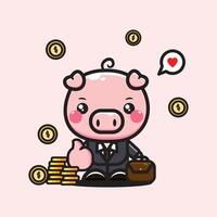 divertente illustrazione di uomo d'affari maiale e monete vettore