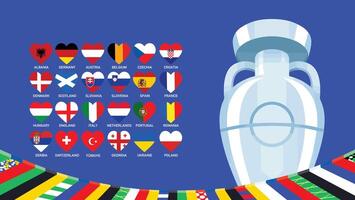Euro 2024 Germania bandiere cuore design con trofeo simbolo ufficiale logo europeo calcio finale illustrazione vettore