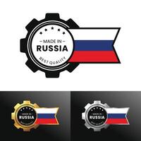 fatto nel Russia con Ingranaggio e bandiera design. per striscione, francobollo, etichetta, icona, logo, simbolo, etichetta, distintivo, sigillo, cartello. illustrazione vettore