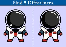 trova 5 differenze. educativo gioco per bambini. illustrazione di cartone animato il astronauta. formazione scolastica foglio di lavoro stampabile a4 taglia. vettore