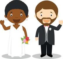 nero sposa e caucasico sposo interrazziale sposini coppia nel cartone animato stile illustrazione vettore