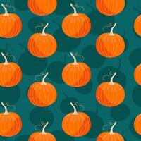 carino autunno senza soluzione di continuità modello con mano disegnato zucche su buio turchese sfondo. modello per ringraziamento, Halloween, regalo involucro o tessile. vettore