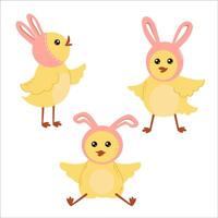 polli nel coniglietto cappelli con lungo orecchie. contento Pasqua cartone animato personaggi collezione su un' bianca sfondo. impostato per Pasqua carta. vettore