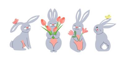 primavera coniglietto collezione nel vario pose. Pasqua cartone animato conigli su bianca sfondo. vettore