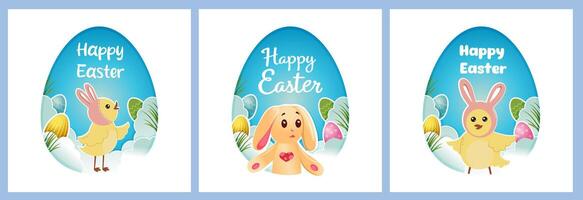 contento Pasqua saluto carte collezione. tagliare su uova silhouette con carino pollo e coniglietto personaggi. vettore