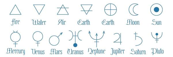 impostato di minimalista simboli di astrologia pianeti, elementi e astronomia. schema icone isolato su bianca sfondo. semplice alchemico icone, pittogrammi, pianeta simboli. mistico planetario segni vettore