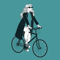 giovane dai capelli lunghi donna indossare occhiali da sole, cappotto e scarpe da ginnastica equitazione bicicletta. ragazza vestito nel alla moda Abiti su bicicletta disegnato con nero contorno Linee su verde sfondo. illustrazione. vettore