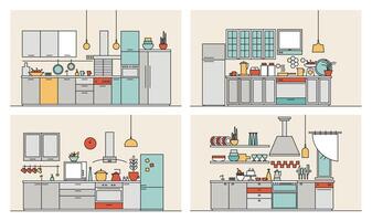 collezione di cucine arredato con moderno arredamento, domestico elettrodomestici, cucinando strutture e utensili. impostato di moderno casa interni disegnato nel linea arte stile. colorato illustrazione vettore