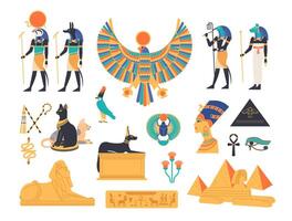 antico Egitto collezione - di Dio, divinità e mitologico creature a partire dal egiziano mitologia e religione, sacro animali, simboli, architettura e scultura. colorato piatto cartone animato illustrazione. vettore
