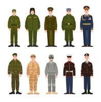 collezione di russo e americano militare persone o personale vestito nel vario uniforme. fascio di soldati di Russia e Stati Uniti d'America. impostato di piatto cartone animato personaggi. moderno colorato illustrazione. vettore