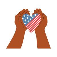 disegnato a mano illustrazione di buio pelle mani Tenere un' cuore con amercian bandiera. design per 4 ° di luglio. vettore