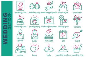 nozze icona impostare. sposo, sposa, Cupido, nozze carta e di più. linea icona stile. nozze elemento illustrazione vettore