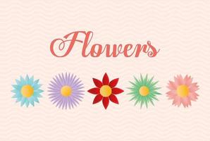 scritte di fiori con set di icone di fiori su sfondo rosa vettore