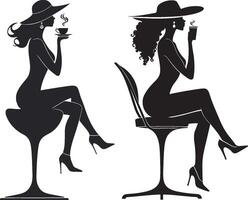 silhouette di un' donna indossare un' cappello e seduta su un' sgabello con un' tazza di caffè vettore
