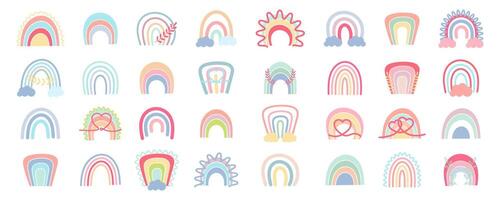 boho arcobaleni impostare. collezione di mano disegnato boho arcobaleni. scarabocchio arcobaleno collezione. cartone animato arcobaleni vettore