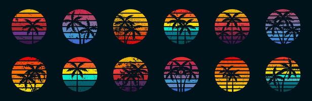 retrowave tramonto e palme illustrazione. tramonto collezione. Vintage ▾ sole e palma icone. tramonto Vintage ▾ design. astratto cyberpunk tramonto disegni. vettore