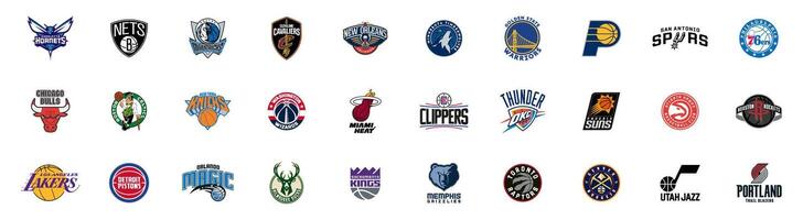 nba pallacanestro squadra logo collezione. nba torneo squadre emblemi. fiume, Ucraina - novembre 20, 2023 vettore