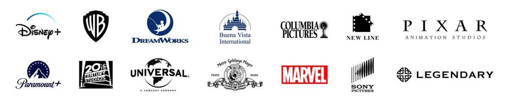 popolare film e cinema studio azienda logo impostare. lavori da sogno, meraviglia, universale, fondamentale, più indossato fratelli, Sony, pixar, 20 secolo Volpe, disney. fiume, Ucraina - novembre 20, 2023 vettore