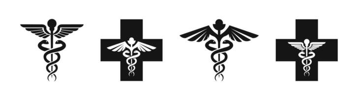 farmaceutico icona impostare. medico attraverso, asta e serpente simbolo. farmacia icone. vettore