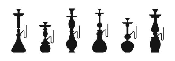 narghilè silhouette icone. hooka con tubo icona impostare. tradizionale shisha fumo simbolo. vettore