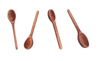 naturale di legno cucchiaio impostare. superiore e prospettiva Visualizza. utensili per cucinando. utensili da cucina con legna struttura. acquerello illustrazione. modello per cibo menù, ricettario o ricetta design vettore