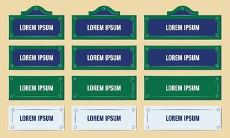 parigino strada segni, nome piatto collezione di diverso taglie, Parigi viale piatto di verde, bianca e blu colore. famoso città design particolari. vettore
