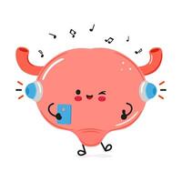 Vescica urinaria ascolta per musica su cuffie con un' smartphone. mano disegnato cartone animato kawaii personaggio illustrazione icona. isolato su bianca sfondo. Vescica urinaria personaggio concetto vettore