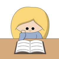 carino cartone animato ragazza leggere libro nel colore vettore