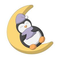carino cartone animato dormire pinguino su il Luna vettore