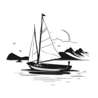 vela contro il sfondo di montagne. silhouette di un' solitario uomo andare in barca su un' barca. nero e bianca mano disegnato illustrazione. vettore