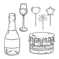 monocromatico disegno di bicchieri, bottiglia tappo, bicchiere, torta con sparklers vettore