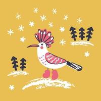 uccello dell'upupa invernale con alberi di natale e fiocchi di neve. vettore