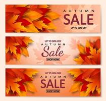 set di poster di vendita autunnale con foglie gialle, rosse, arancio realistiche e luminose e decorazioni con testo di sconto pubblicitario. illustrazione vettoriale. vettore