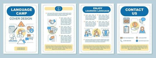 modello di brochure del campo linguistico estivo. volantino, opuscolo, stampa di volantini con icone lineari. apprendimento delle lingue straniere. layout di pagine vettoriali per riviste, relazioni annuali, manifesti pubblicitari