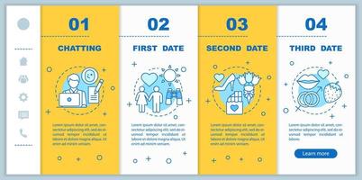 modello di vettore di pagine web mobili onboarding online dating. idea di interfaccia per smartphone reattiva con illustrazioni lineari. schermate di passaggio della pagina web delle relazioni romantiche. concetto di colore