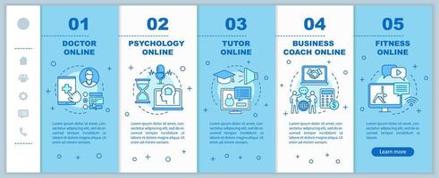 servizi online onboarding modello di vettore di pagine Web mobili. sostenere, consultare. idea di interfaccia del sito Web per smartphone reattivo con illustrazioni lineari. schermate dei passaggi della procedura dettagliata della pagina Web. concetto di colore