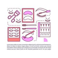 modello di vettore della pagina dell'articolo di estensione delle ciglia. ciglia finte. brochure, rivista, elemento di design opuscolo con icone lineari e caselle di testo. disegno di stampa. illustrazioni concettuali con spazio di testo