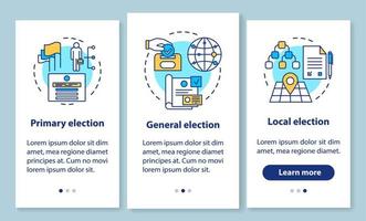 schermata della pagina dell'app mobile di onboarding delle elezioni con concetti lineari. eleggere personalità politiche locali e generali. tre passaggi illustrativi istruzioni grafiche. ux, ui, gui modello vettoriale con illustrazione