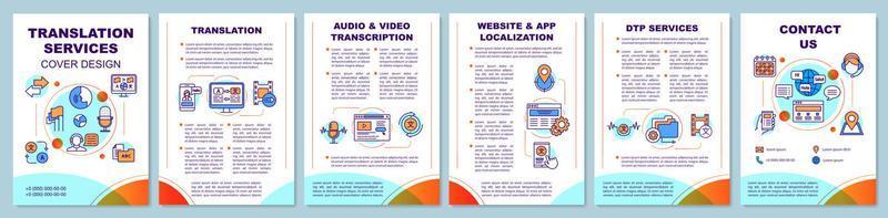 layout del modello di brochure dei servizi di traduzione. trascrizione audio. volantino, opuscolo, stampa di volantini con illustrazioni lineari. layout di pagina vettoriale per riviste, report, manifesti pubblicitari