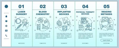 modello di vettore di pagine Web mobili onboarding di ingegneria biomedica. chimica del sangue. idea di interfaccia del sito Web per smartphone reattivo, illustrazioni lineari. schermate dei passaggi della procedura dettagliata della pagina Web. concetto di colore