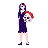 donna che indossa il costume messicano del giorno dei morti set di illustrazioni vettoriali piatte. personaggio dei cartoni animati con elementi di contorno isolati su sfondo bianco. faccia di cranio di zucchero. celebrazione del dia de los muertos