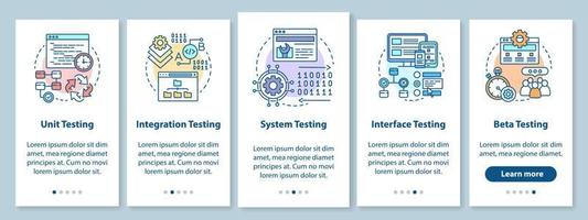 test del software funzionale sulla schermata della pagina dell'app mobile onboarding con concetti lineari. analisi dell'usabilità del programma passaggi guidati istruzioni grafiche. ux, ui, gui modello vettoriale con illustrazioni