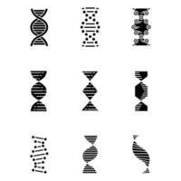 set di icone del glifo con spirali del DNA. desossiribonucleico, elica dell'acido nucleico. cromosoma. filamenti a spirale. biologia molecolare. codice genetico. genoma. genetica. simboli di sagoma. illustrazione vettoriale isolato