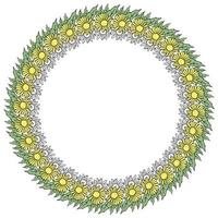 una ghirlanda di semplici fiori gialli con piccoli petali e mazzi di foglie verdi, una cornice rotonda di fiori di contorno vettore