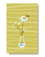estate manifesto selvaggio fiori bianca margherita ape, bicchiere vaso semplice fiore. tradizionale isolato pianta modello cartolina verticale sfondo tessuto confezione tessuto sfondo tessile vettore