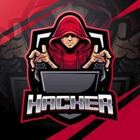 design del logo della mascotte dell'hacker esport vettore