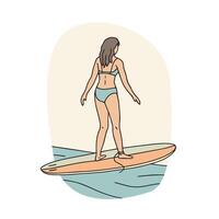 ragazza nel un' costume da bagno su un' tavola da surf. lineare mano disegnato illustrazione. vettore