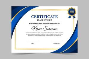 moderno elegante blu e oro certificato modello. apprezzamento per attività commerciale e formazione scolastica. illustrazione vettore